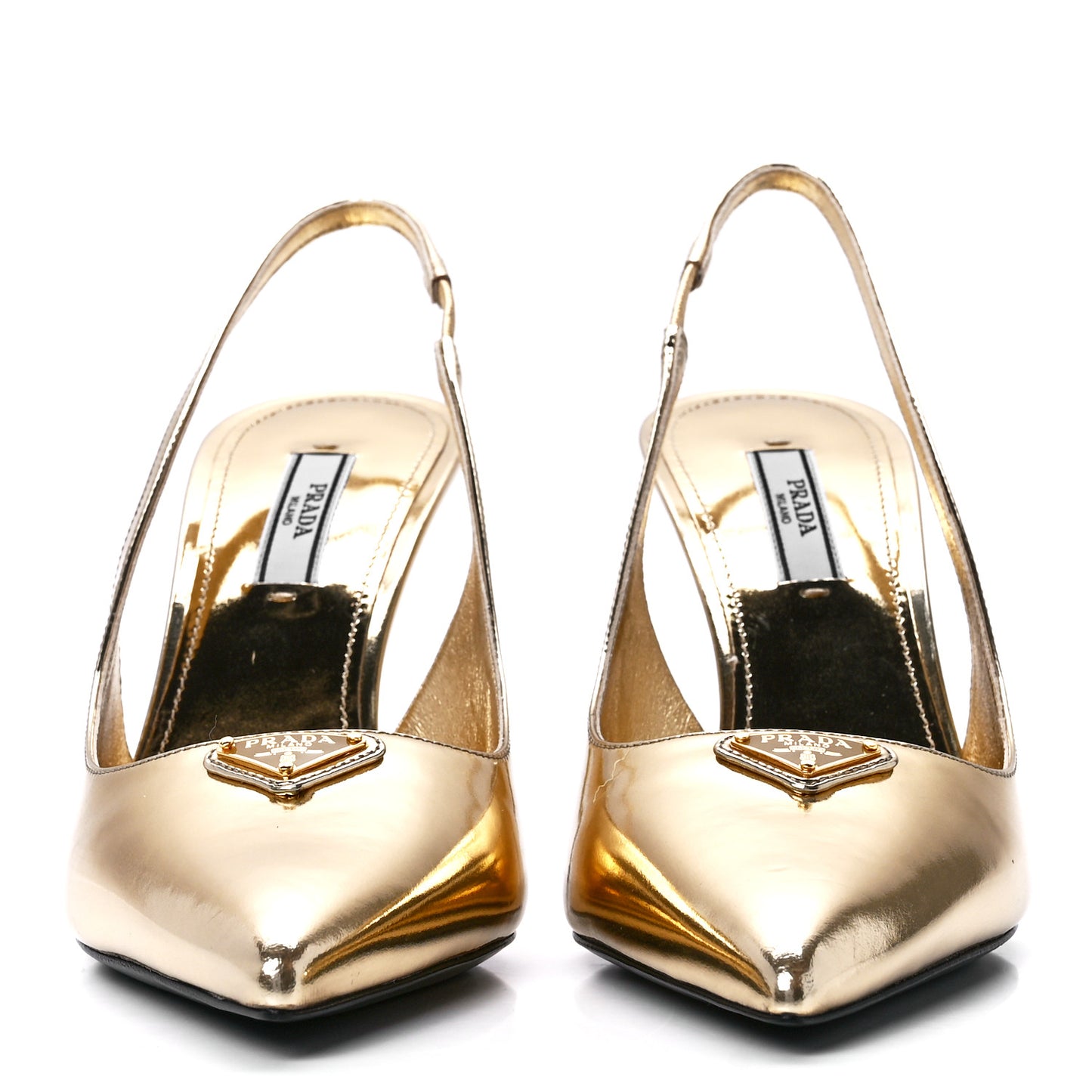 Metallic Calfskin Metal Triangle Logo 85mm Slingback Pumps 38 Platino