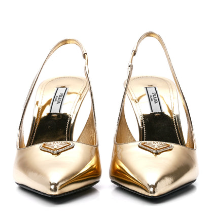 Prada Metallic Calfskin Metal Triangle Logo 85mm Slingback Pumps 38 Platino 2 of 8