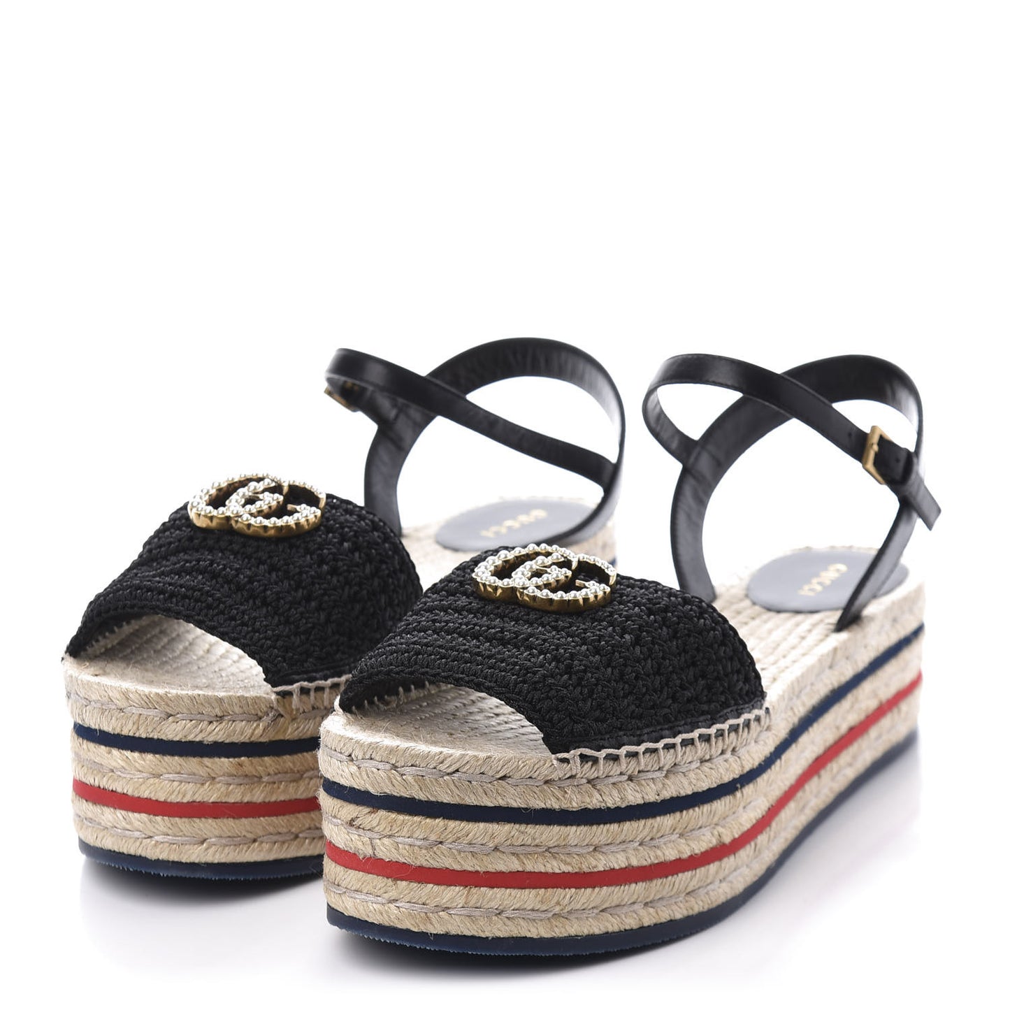 Cotton Malaga Kid Crochet Pearly GG Lilibeth Espadrille Platform Sandals 40 Black