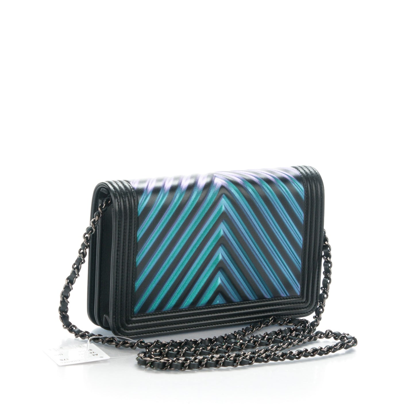 Calfskin Painted Chevron Embossed Boy Wallet On Chain WOC Black