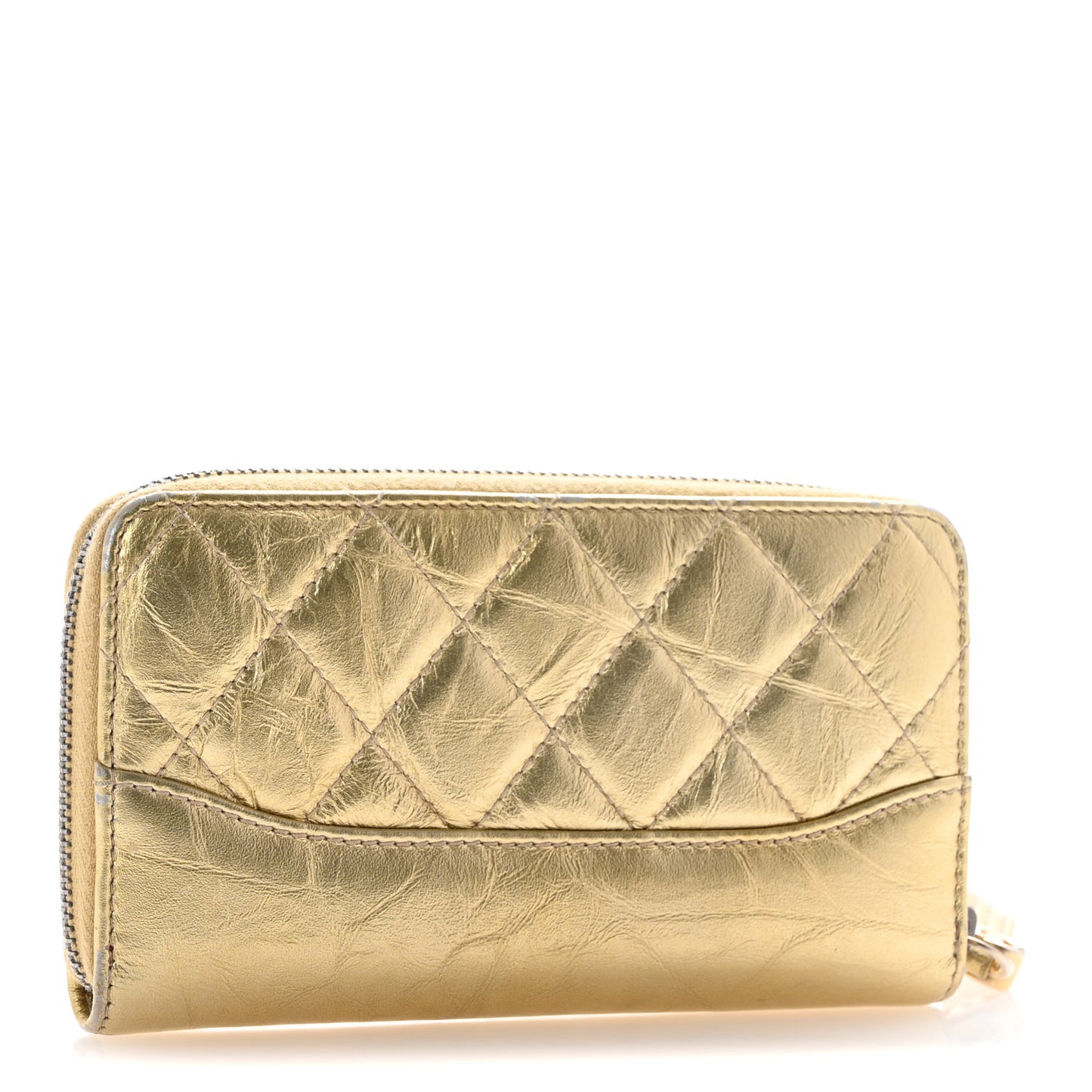 Metallic Aged Calfskin Quilted Small Gabrielle Zip Around Wallet Gold