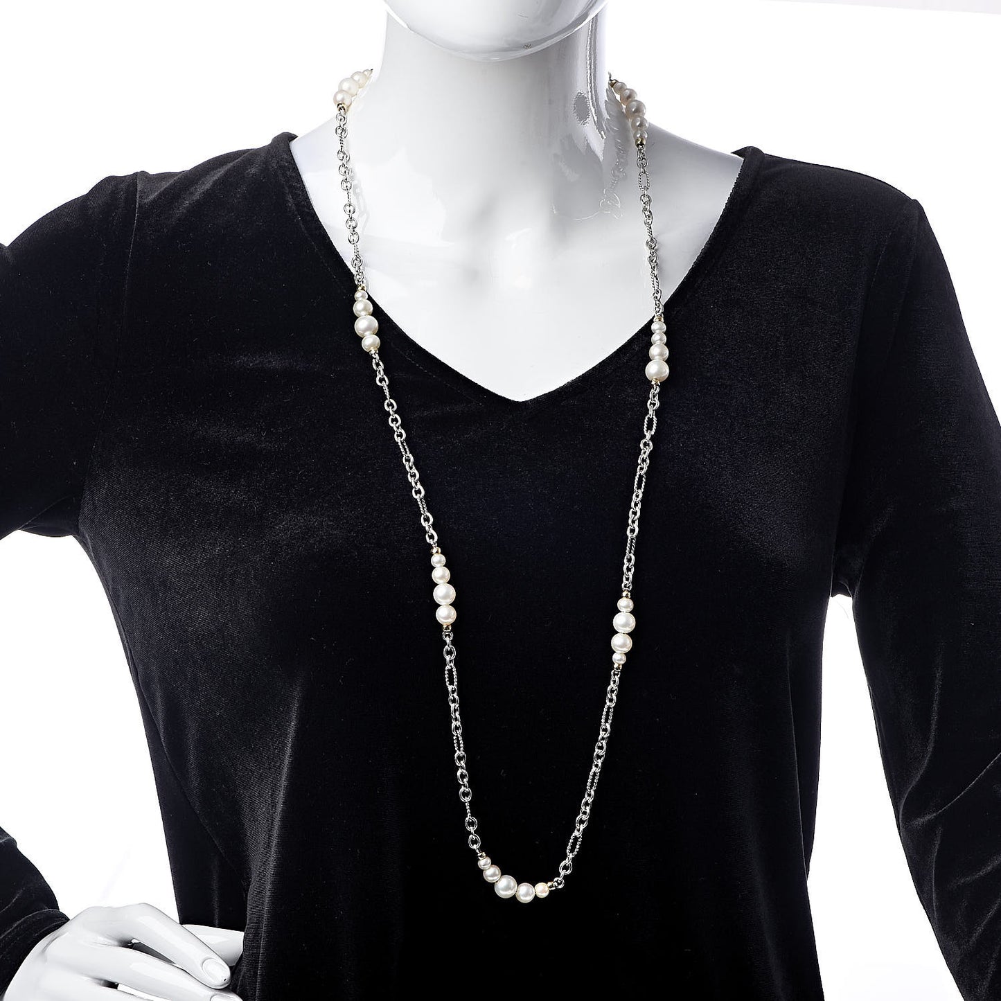 Sterling Silver 18K Yellow Gold Multi Pearl Figaro Chain Necklace
