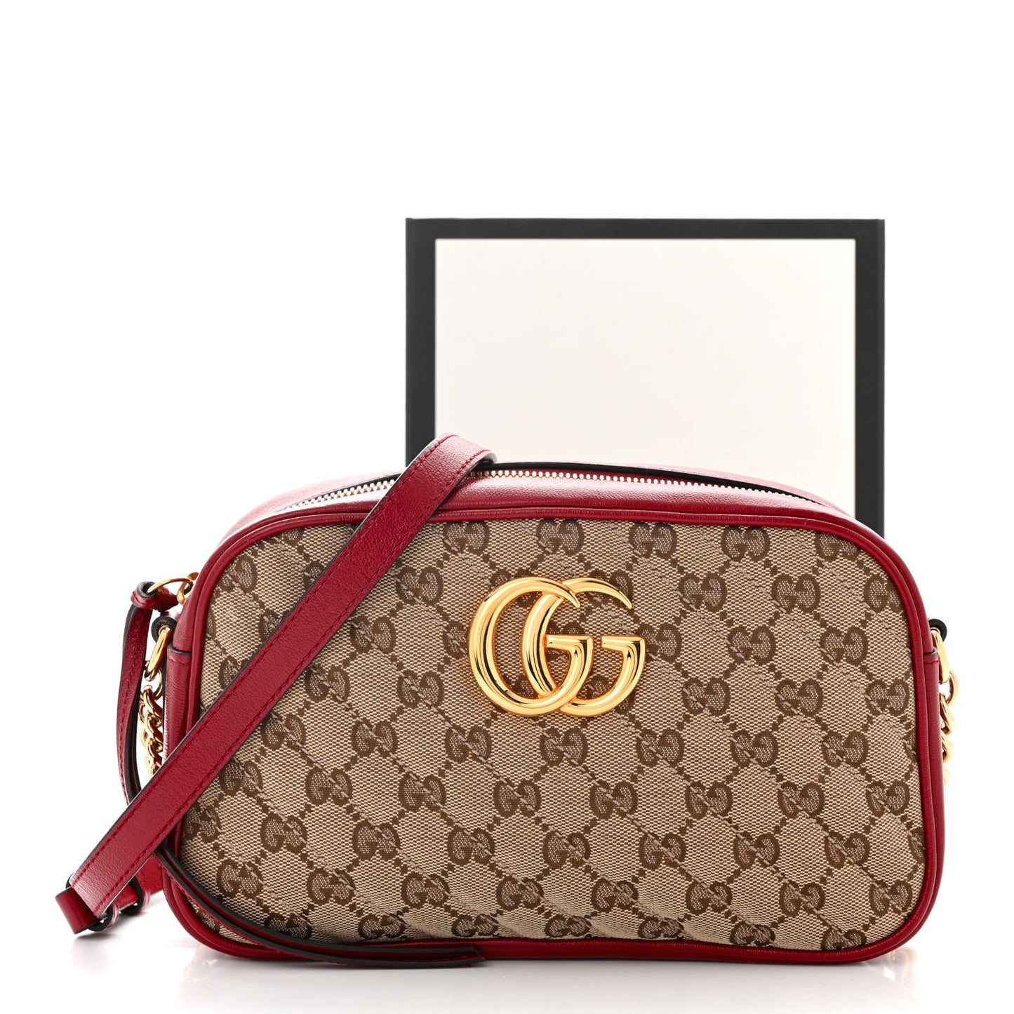 Monogram Azalea Calfskin Matelasse Diagonal Small GG Marmont Chain Shoulder Bag Beige Ebony New Cherry Red