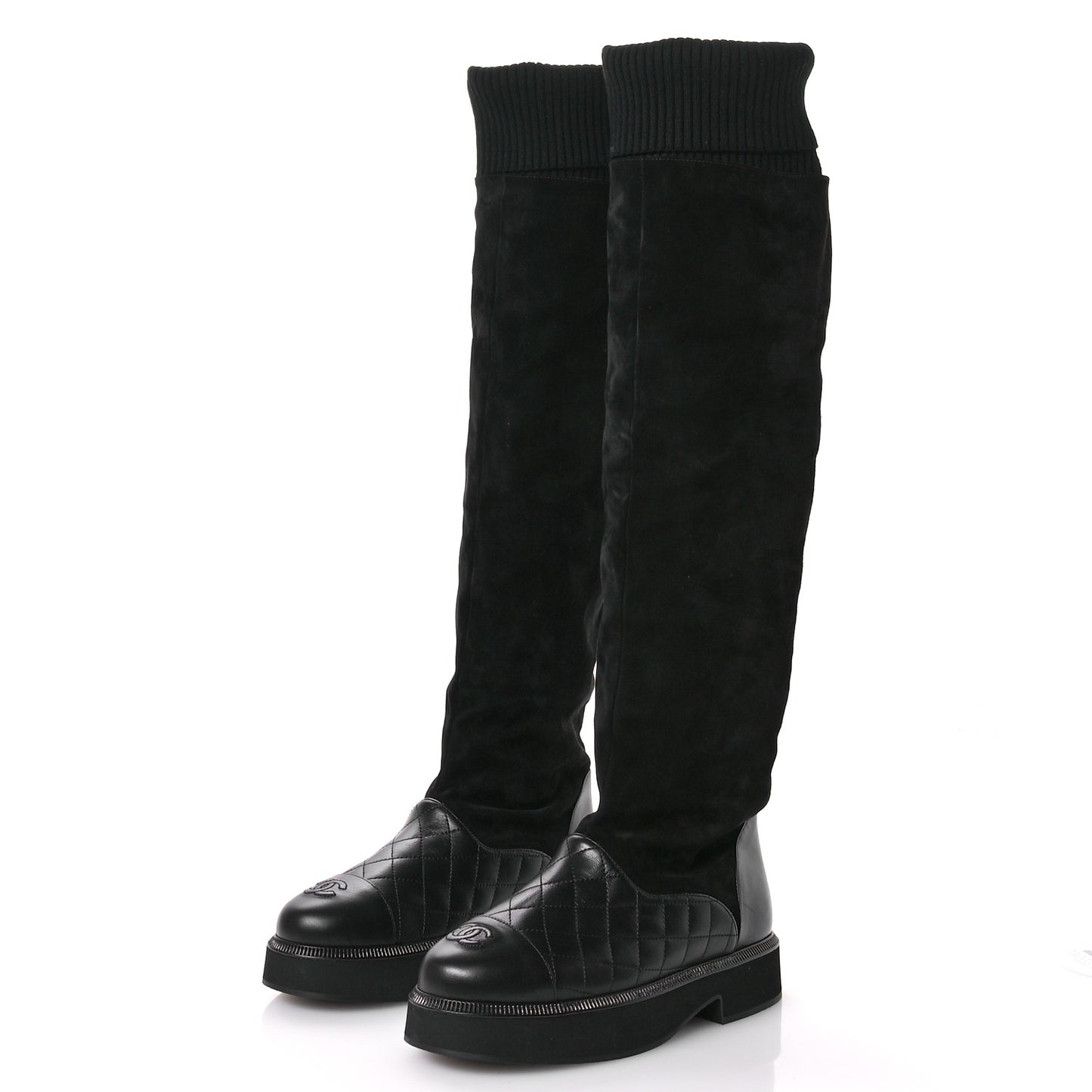 Suede Lambskin Calfskin Knit Womens High Boots 37 Black