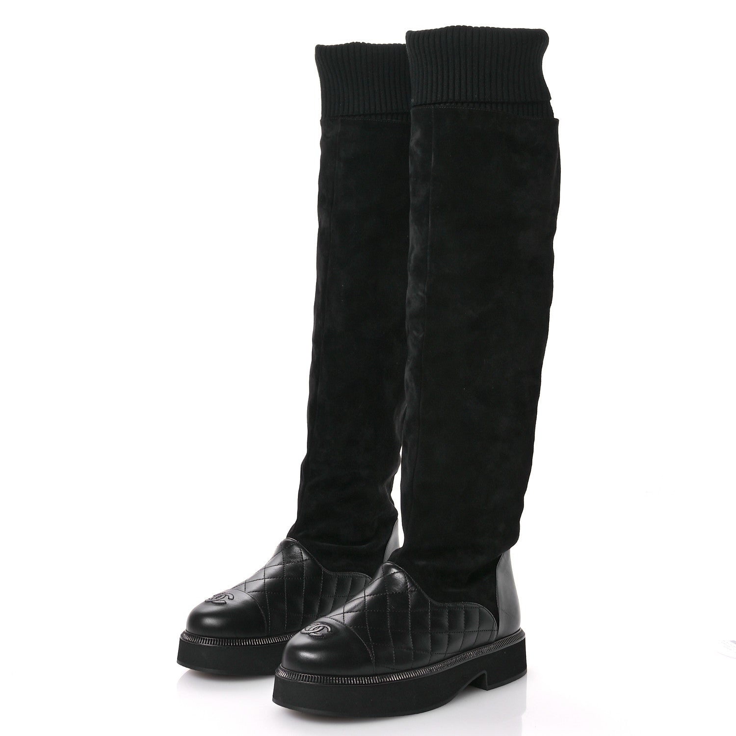 Chanel Suede Lambskin Calfskin Knit Womens High Boots 37 Black 4 of 8