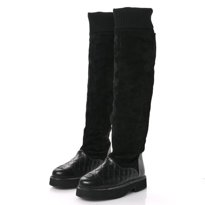 Chanel Suede Lambskin Calfskin Knit Womens High Boots 37 Black 4 of 8