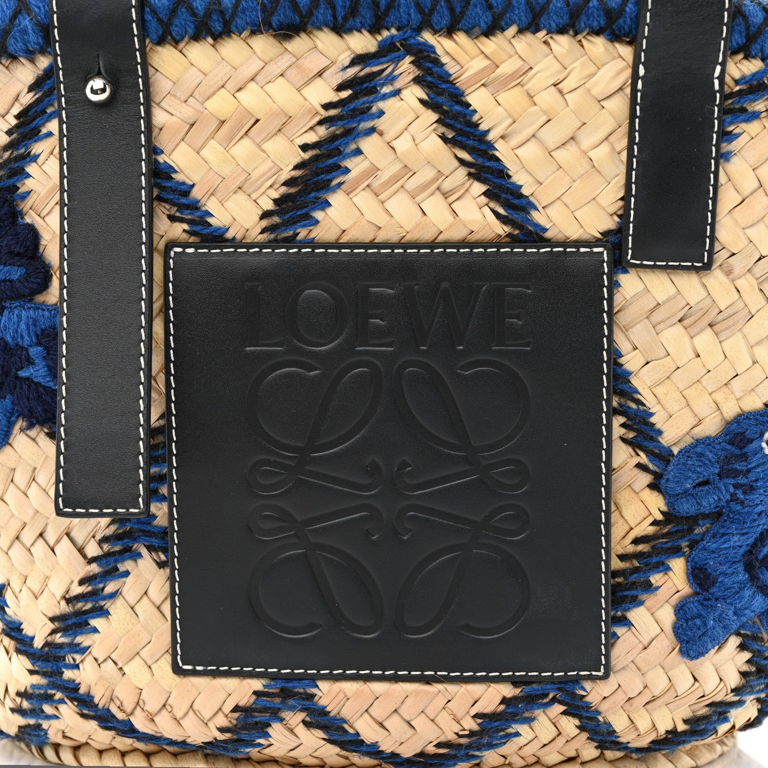 Loewe Embroidered Raffia Basket Tote Bag Natural Black Blue 7 of 11