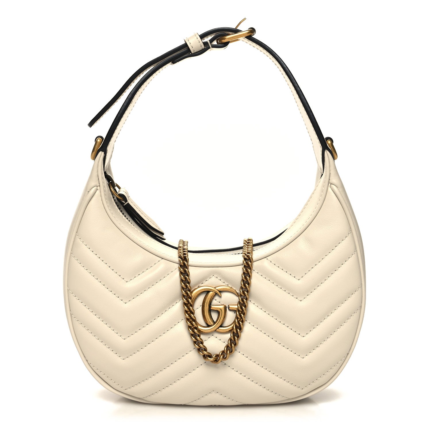 Gucci Calfskin Matelasse Chevron Mini GG Marmont Half Moon Hobo Mystic White 1 of 10
