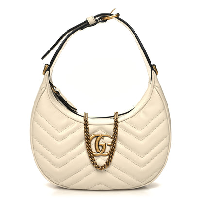 Gucci Calfskin Matelasse Chevron Mini GG Marmont Half Moon Hobo Mystic White 1 of 10