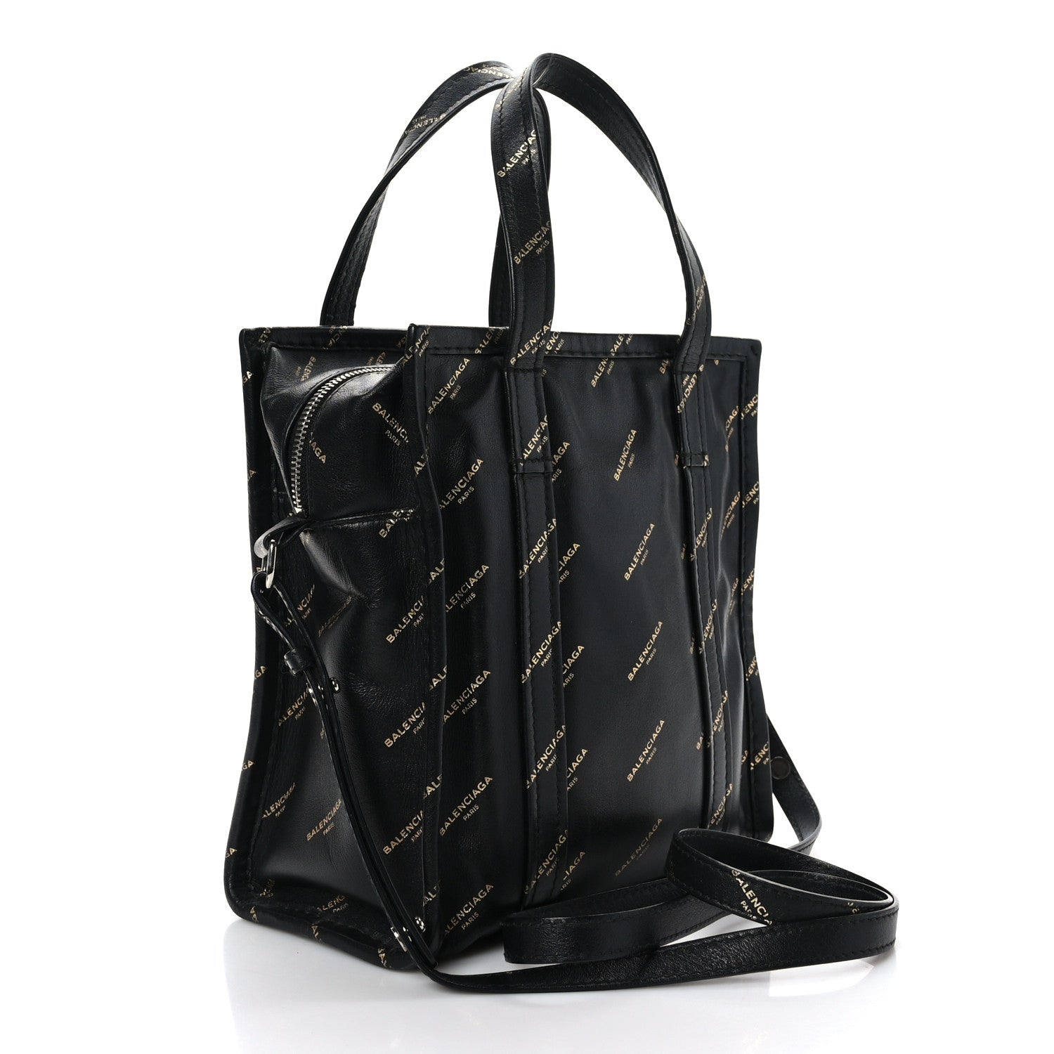 Balenciaga Calfskin Allover Logo XS Bazar Shopper Tote Black Gold 3 of 9