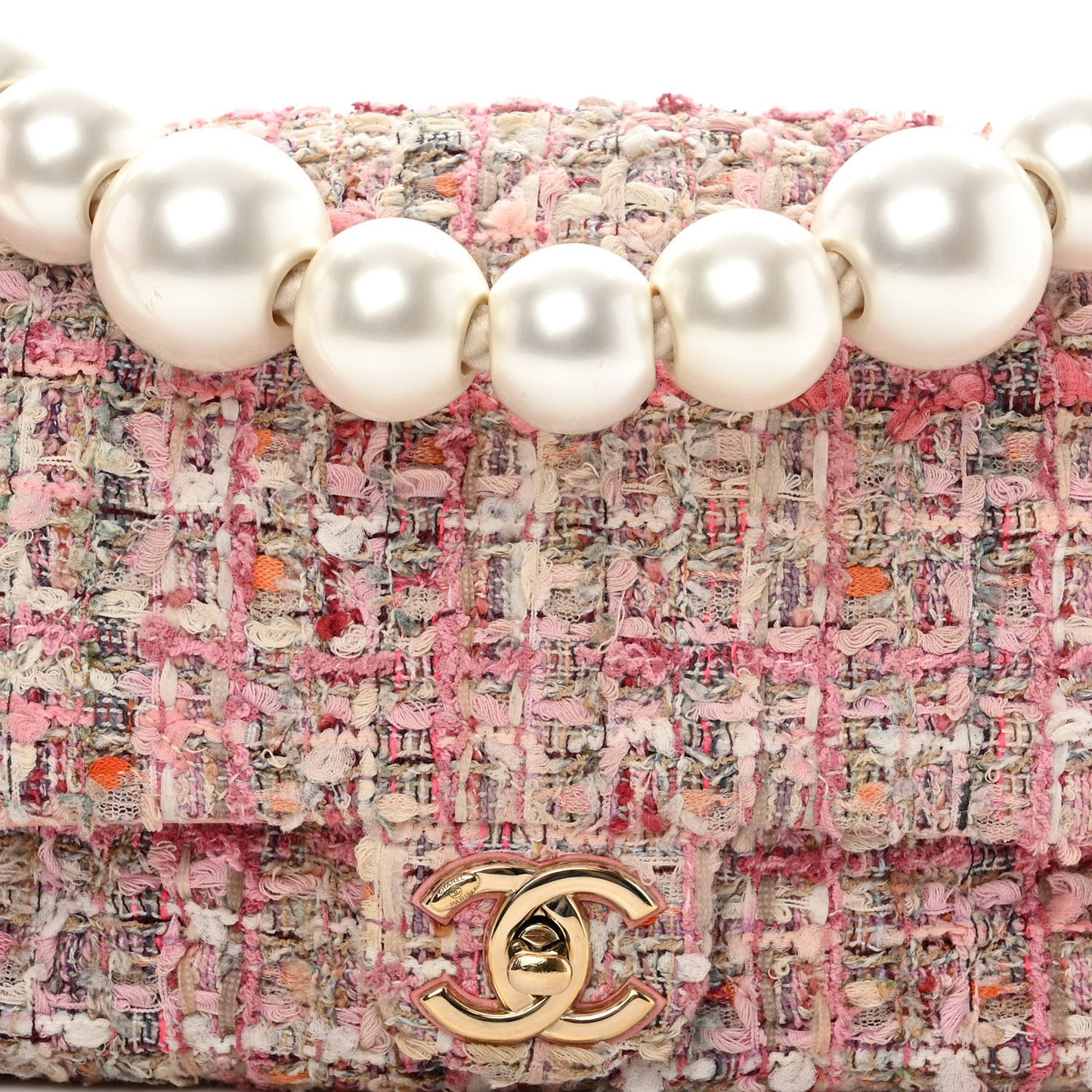 Tweed Mini Pearl Handle Flap Pink Beige Orange Ecru