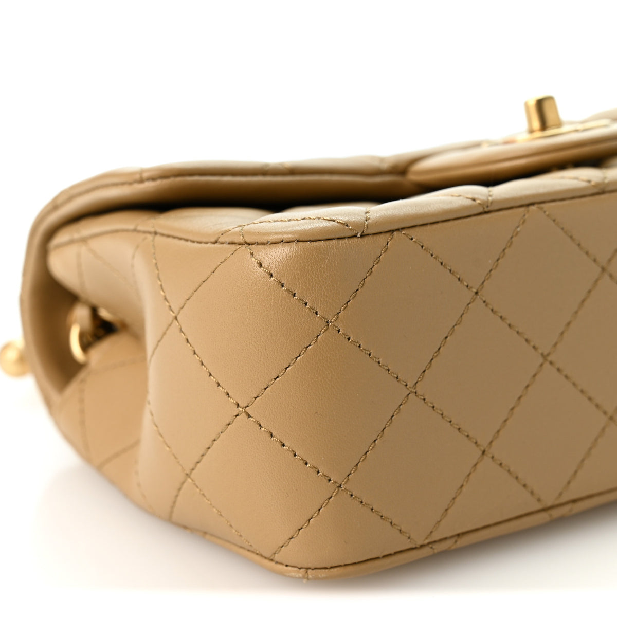 Lambskin Quilted Mini Rectangular Pearl Crush Flap Beige