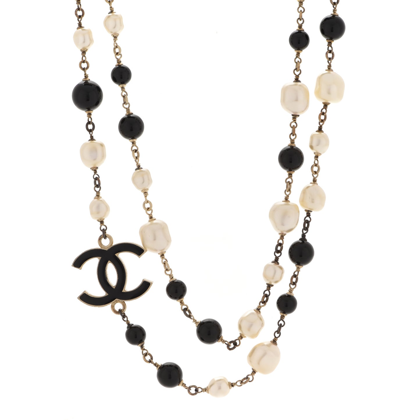 Pearl Bead Enamel CC Long Necklace Black Light Gold