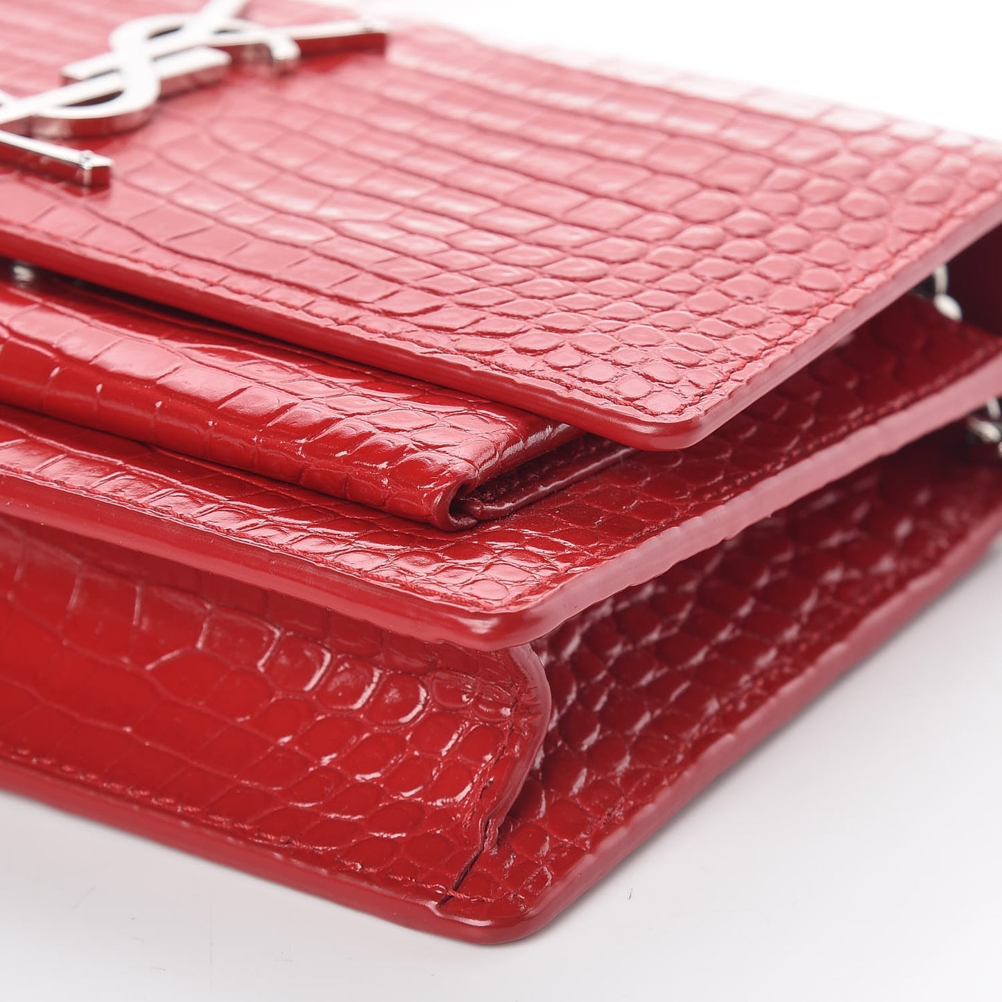 Calfskin Crocodile Embossed Monogram Sunset Chain Wallet New Lipstick Red
