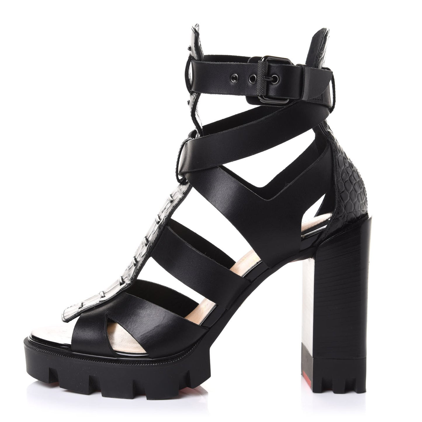 Calfskin Crocodile Embossed Platform Sandals 37.5 Black