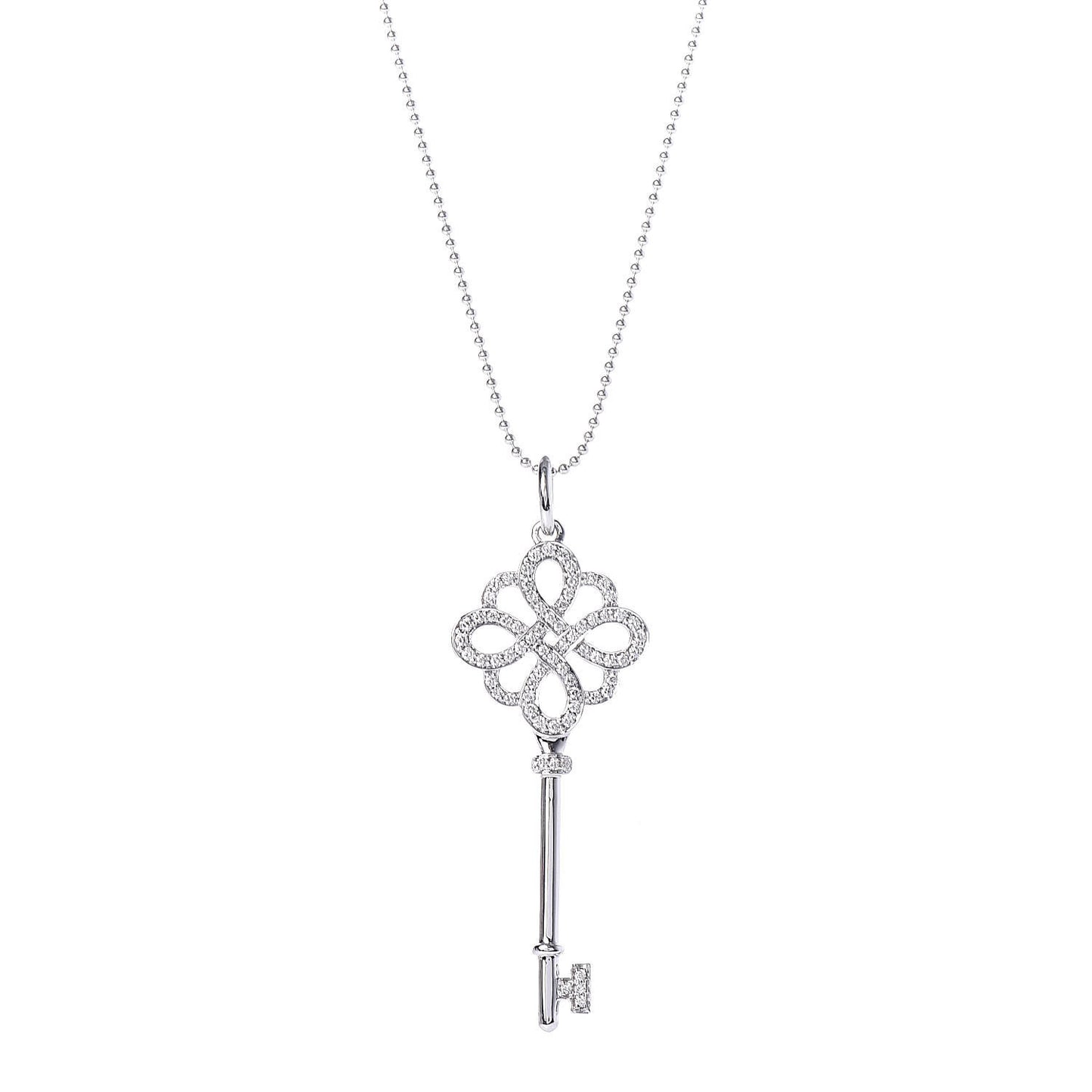 18K White Gold Diamond Knot Key Pendant Necklace