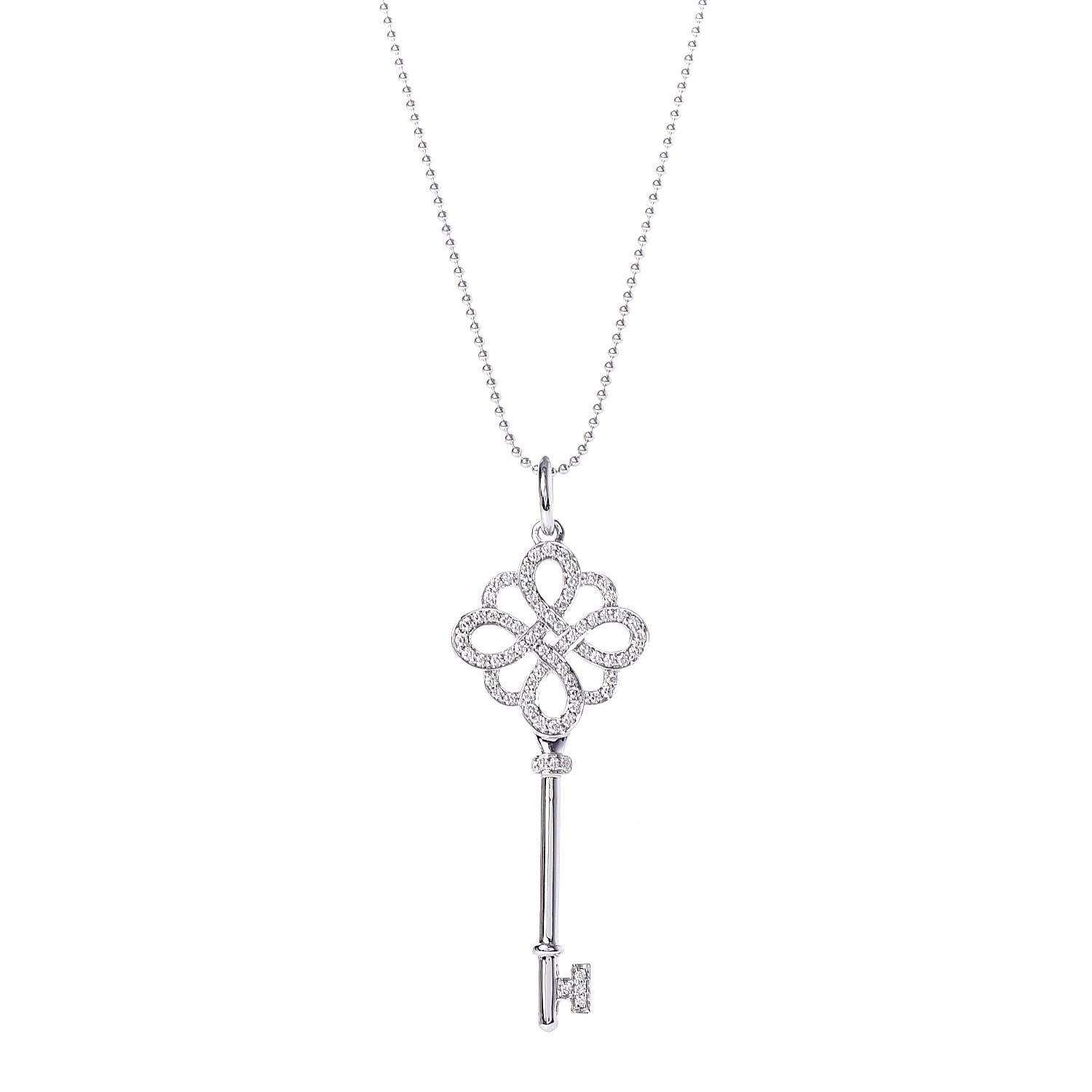 Tiffany 18K White Gold Diamond Knot Key Pendant Necklace 4 of 7