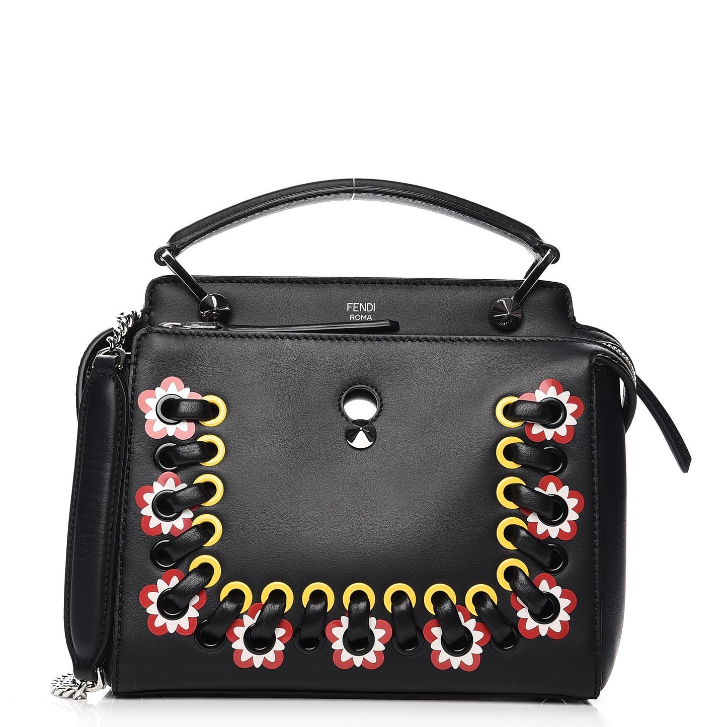 Vitello Baltico Shiny Nappa Lace Up Floral Small Dotcom Click Chain Satchel Black