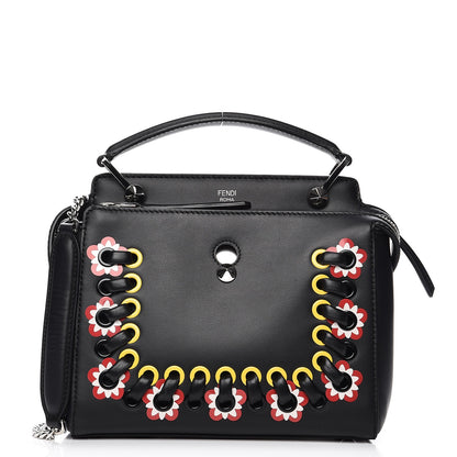 Fendi Vitello Baltico Shiny Nappa Lace Up Floral Small Dotcom Click Chain Satchel Black 1 of 9