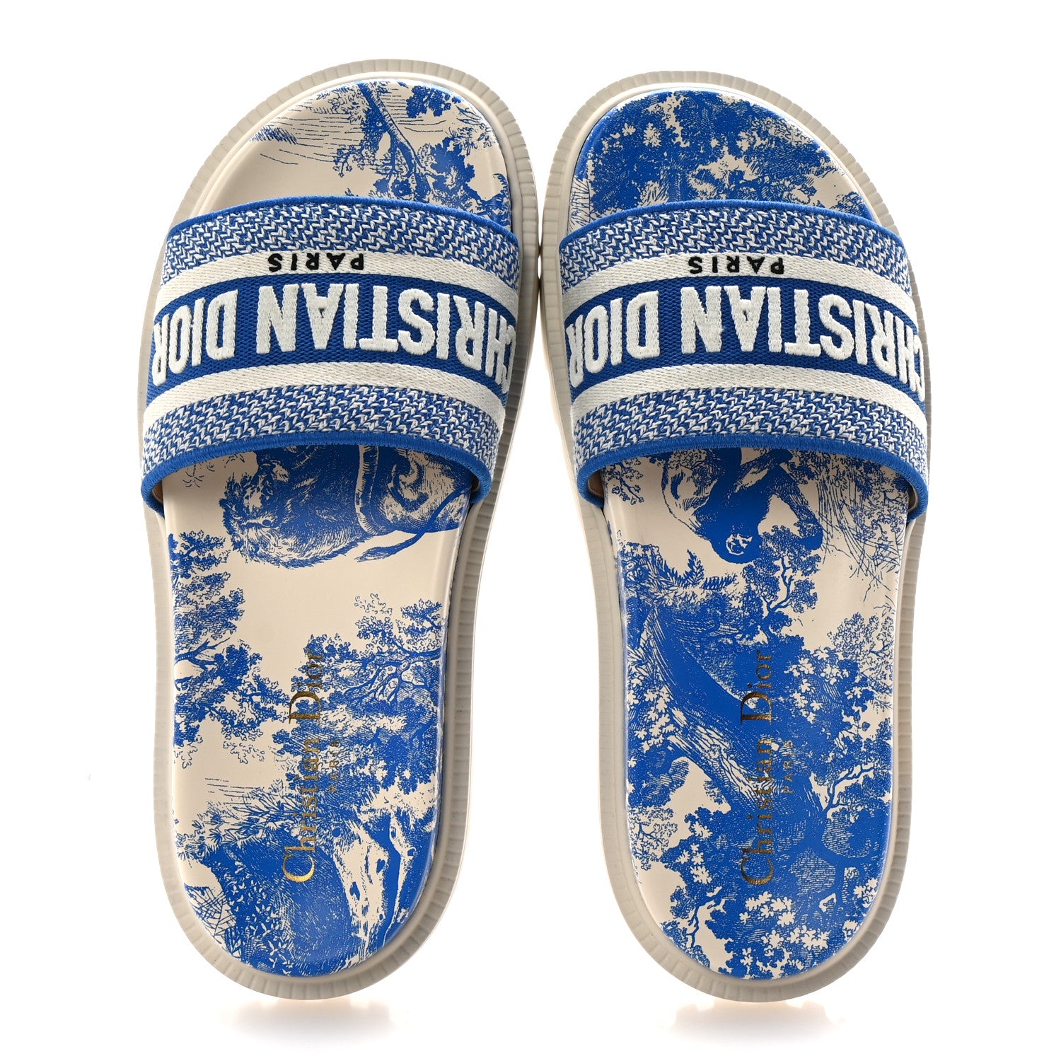 Christian Dior Canvas Fluo Toile de Jouy Embroidered Dway 10mm Slide Sandals 37.5 White Blue 3 of 10