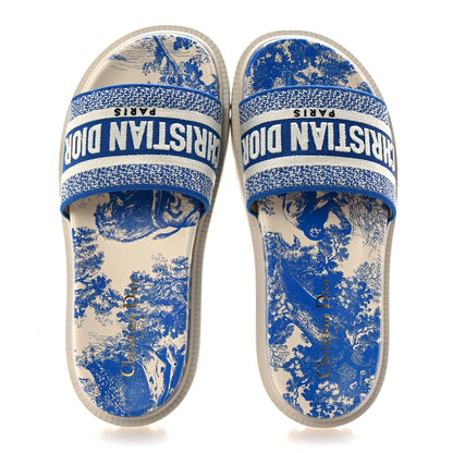 Christian Dior Canvas Fluo Toile de Jouy Embroidered Dway 10mm Slide Sandals 37.5 White Blue 3 of 10