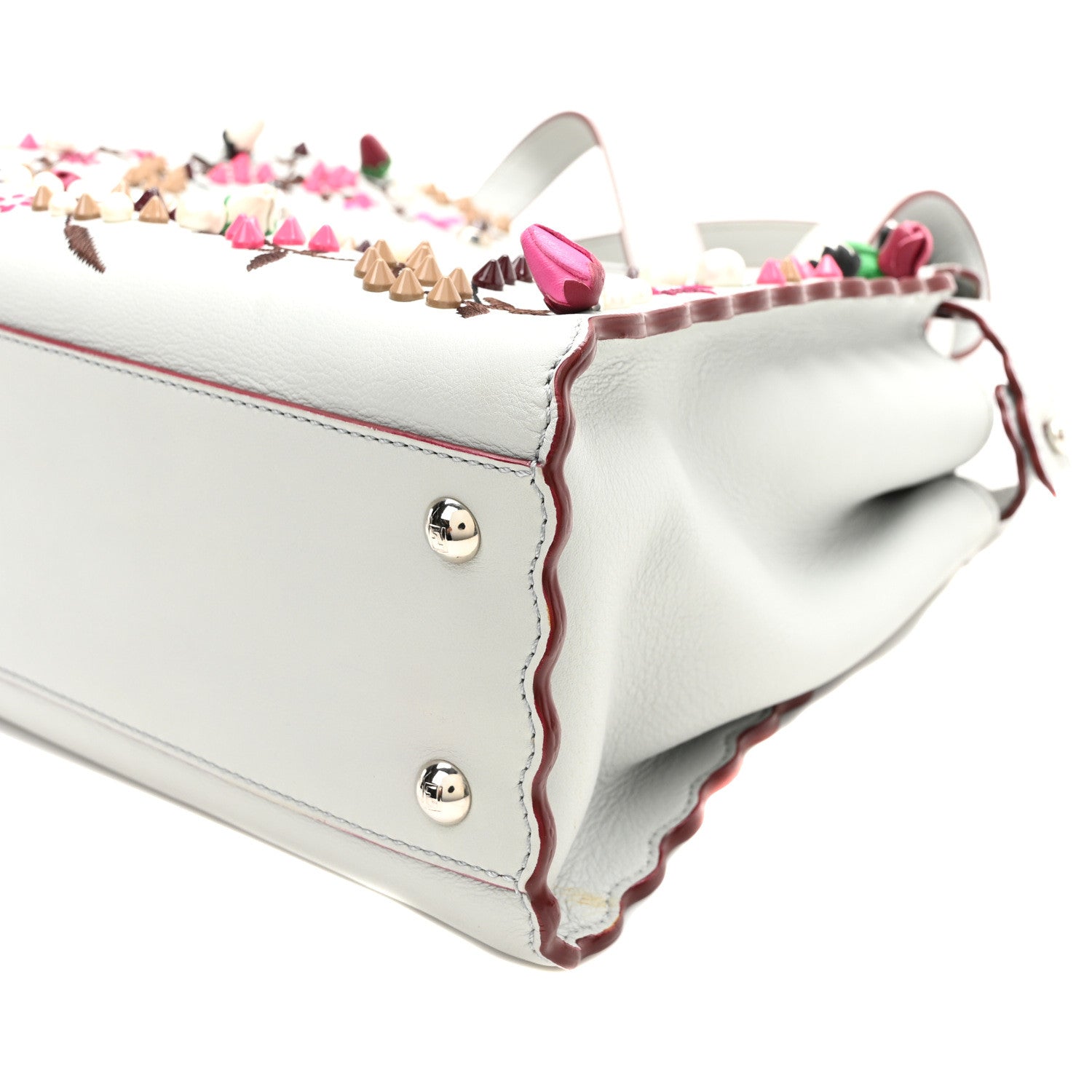Fendi Vitello Seta Shiny Nappa Pearl Scalloped Studded Floral Embroidered Medium Peekaboo Iconic Satchel Grigio Perla Multicolor 9 of 9