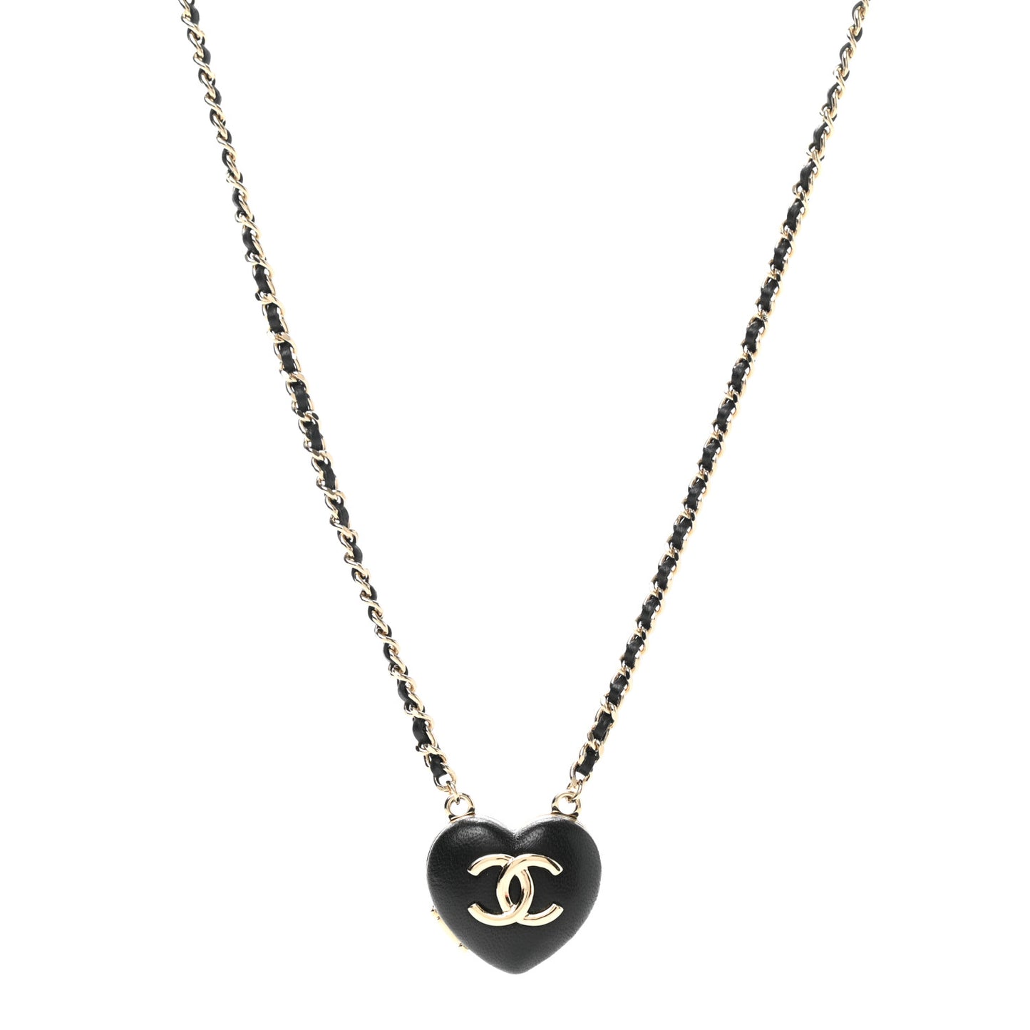 Lambskin CC Heart Mirror Locket Necklace Gold Black