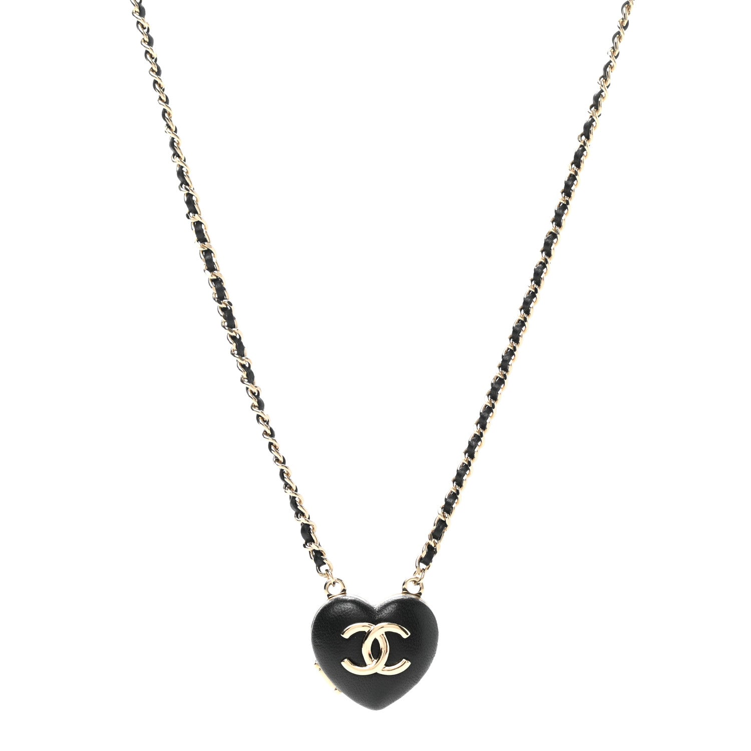 Chanel Lambskin CC Heart Mirror Locket Necklace Gold Black 1 of 8