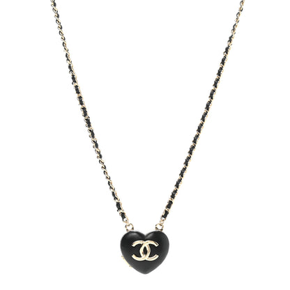 Chanel Lambskin CC Heart Mirror Locket Necklace Gold Black 1 of 8