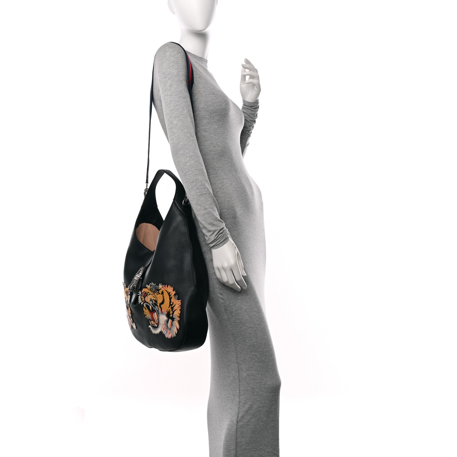 Gucci Calfskin Web Tiger Embroidered Large Dionysus Hobo Black 2 of 11