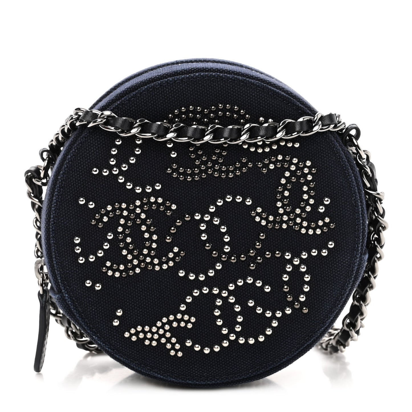 Canvas CC Studded Round Clutch With Chain Navy