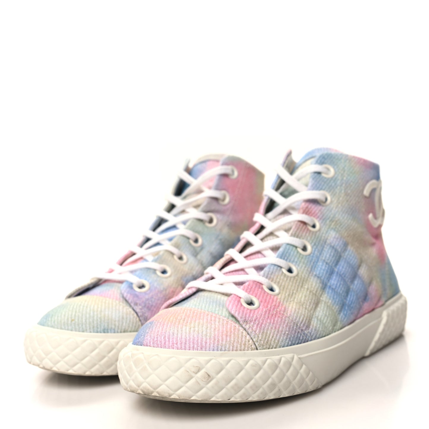 Printed Fabric Quilted High Top Sneakers 39 Green Pink Blue White