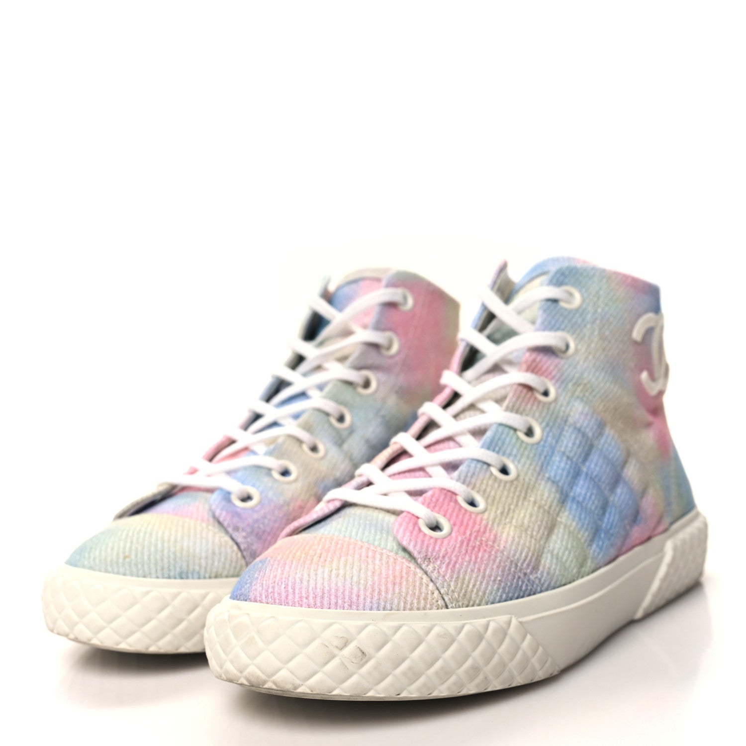 Chanel Printed Fabric Quilted High Top Sneakers 39 Green Pink Blue White 3 of 9