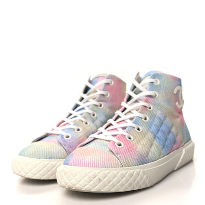 Chanel Printed Fabric Quilted High Top Sneakers 39 Green Pink Blue White 3 of 9