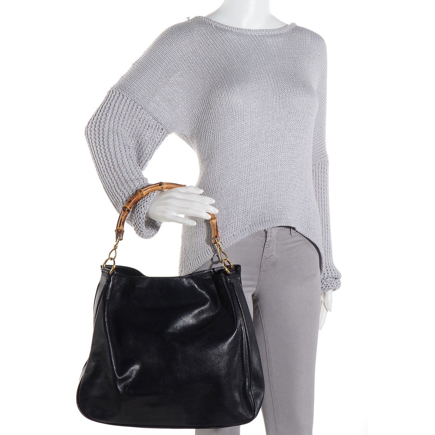 Leather Large Bamboo Handle Hobo Black