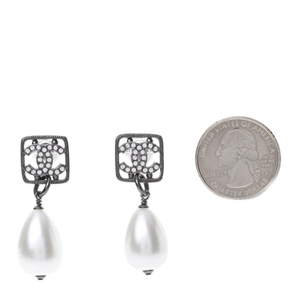 Chanel Ruthenium Crystal Pearl CC Square Drop Earrings Pearly White 2 of 5