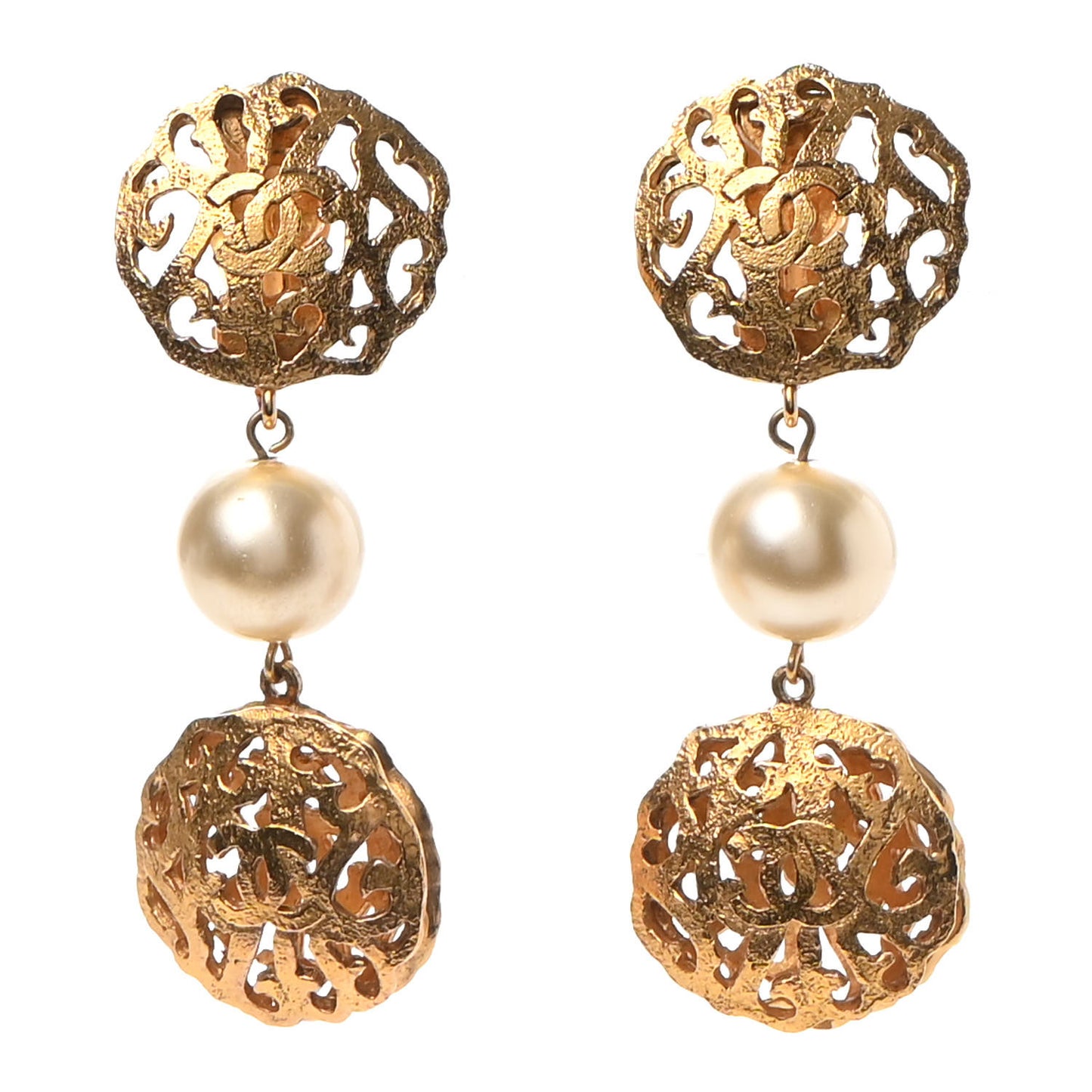 Pearl CC Dangle Clip On Earrings Gold