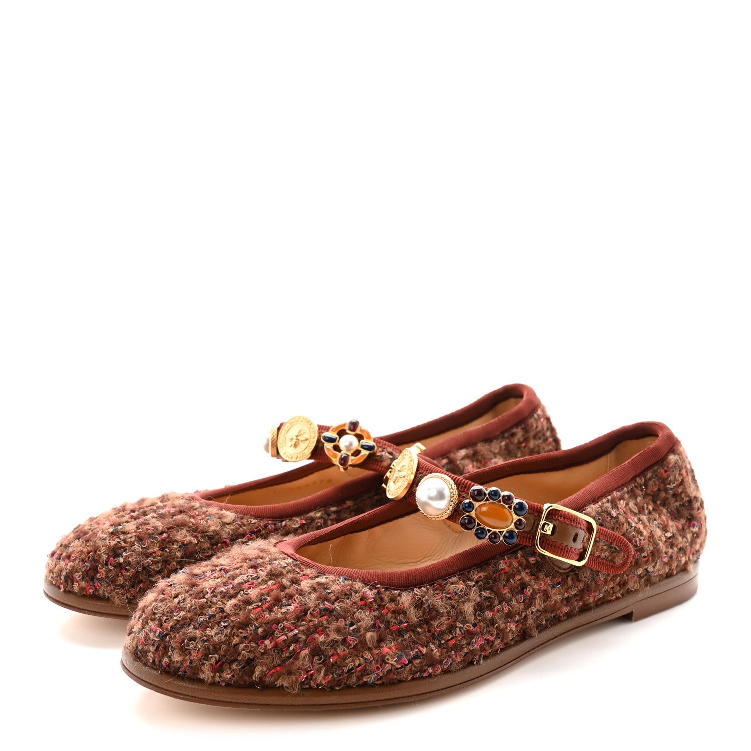 Chanel Wool Tweed Mary Jane Flats 37 Brown Red Dark Blue 4 of 10