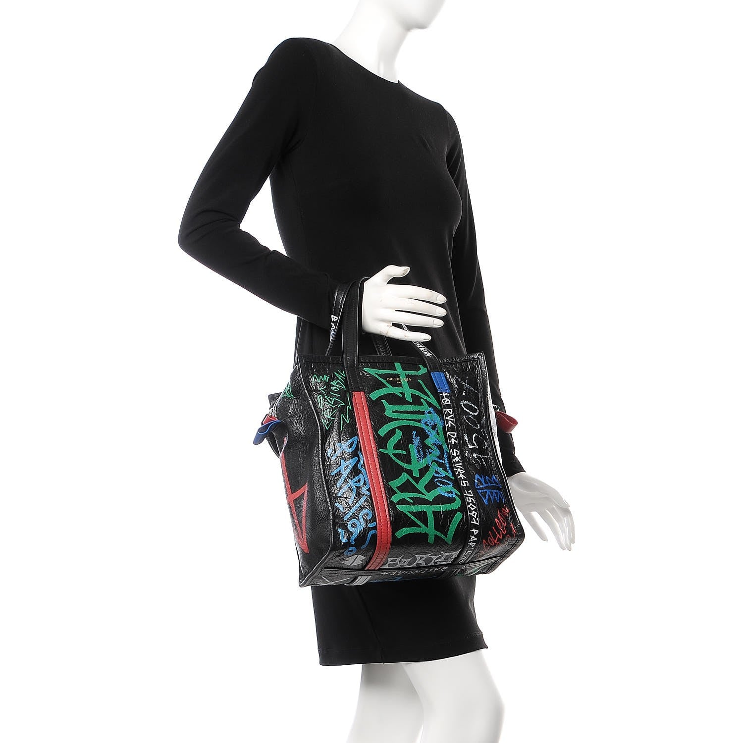 Balenciaga Agneau Arena Graffiti All Over S Bazar Shopper Tote Black Vert Rouge 3 of 8