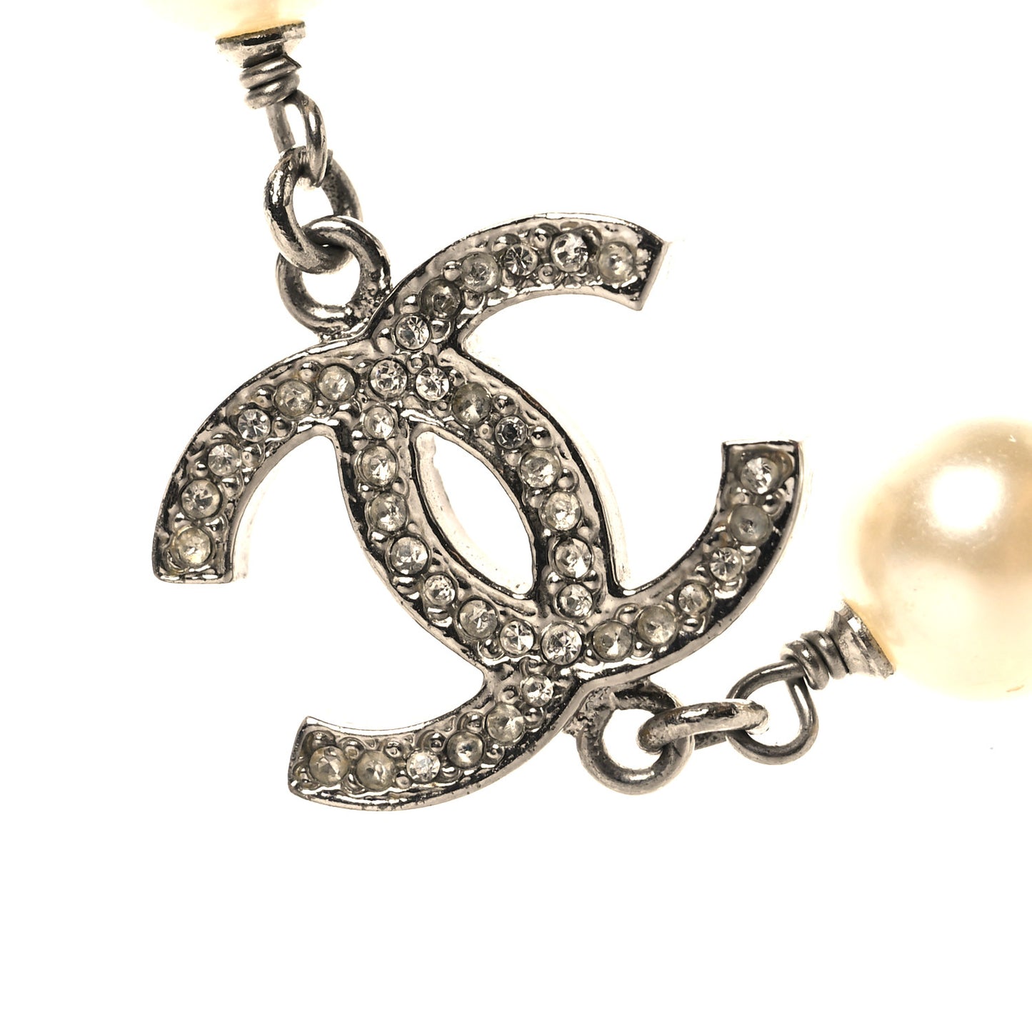 Crystal Pearl CC Long Necklace Silver
