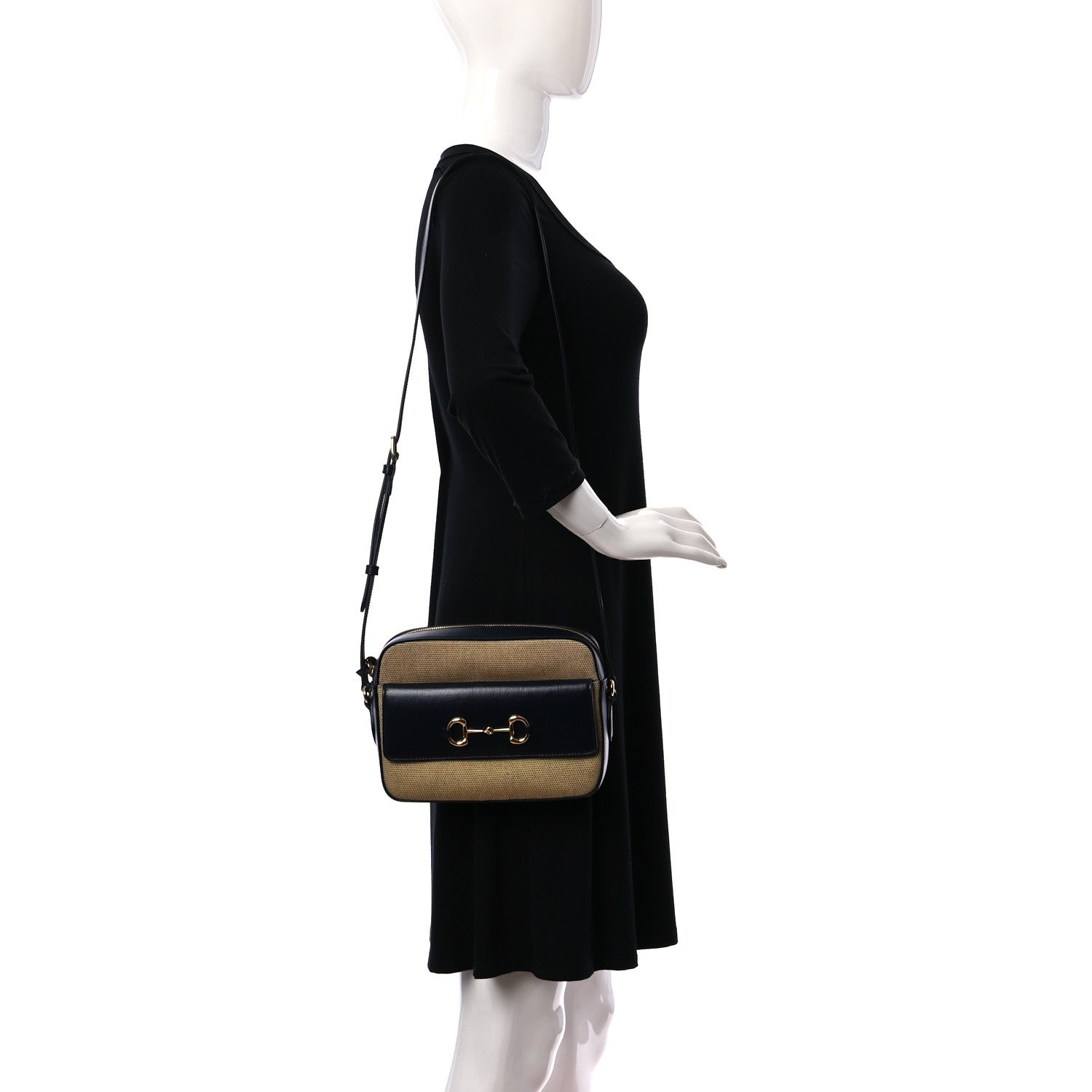 Gucci Vintage Rice Canvas Azalea Calfskin Small Horsebit 1955 Shoulder Bag Beige Blue 2 of 11