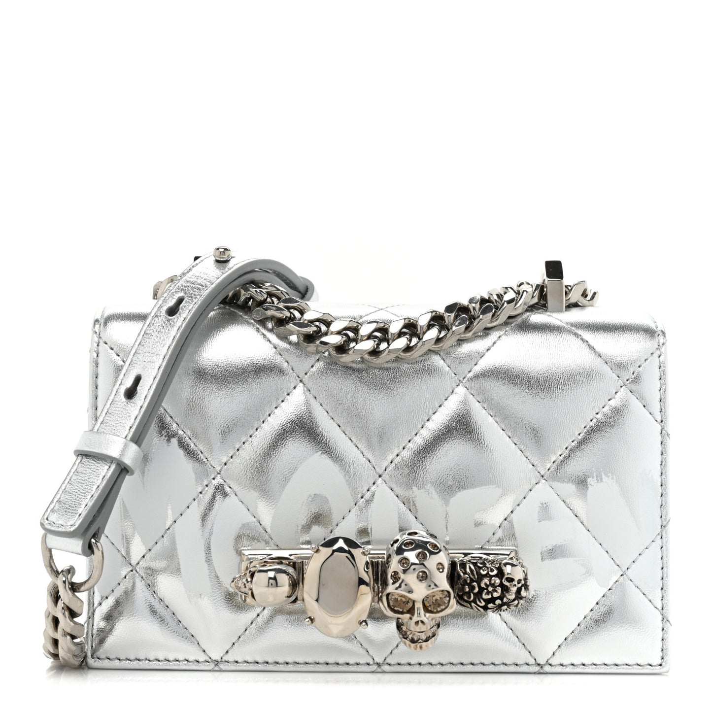 Metallic Lambskin Quilted Knuckle Shoulder Bag Silver
