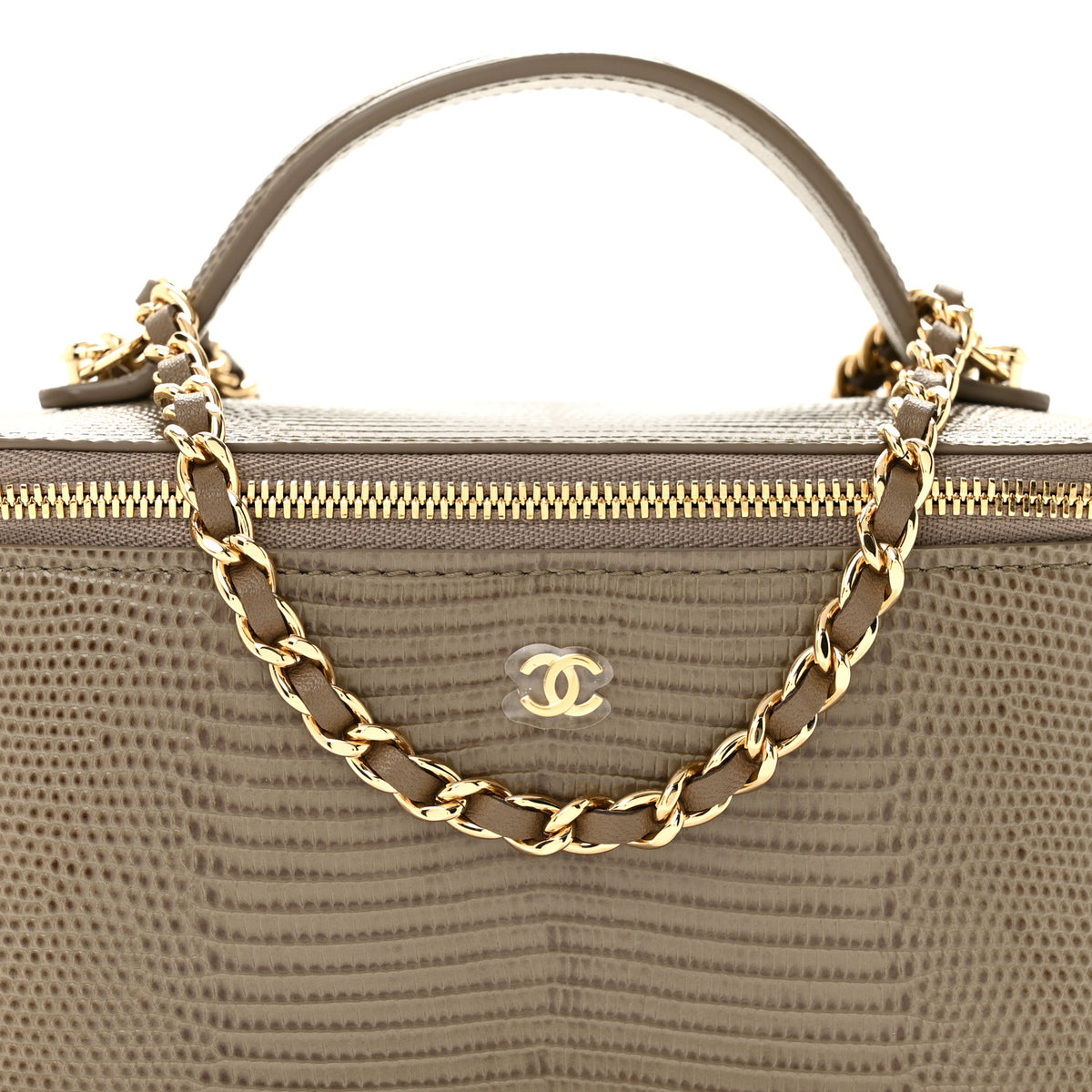 Chanel Calfskin Lizard Embossed Top Handle Vanity With Chain Dark Khaki 8 of 11