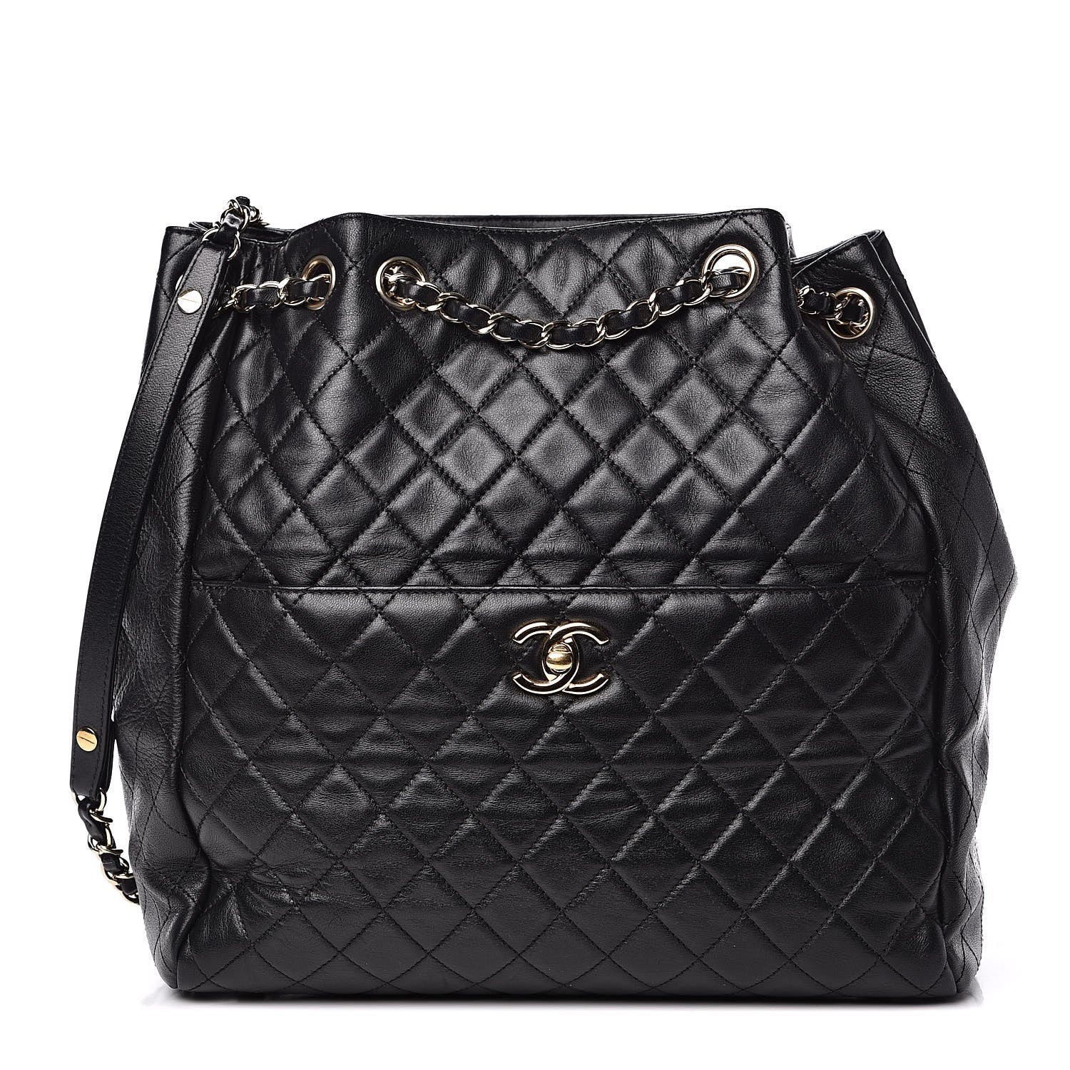 Chanel Lambskin Quilted Large Drawstring Bag Black 1 of 11