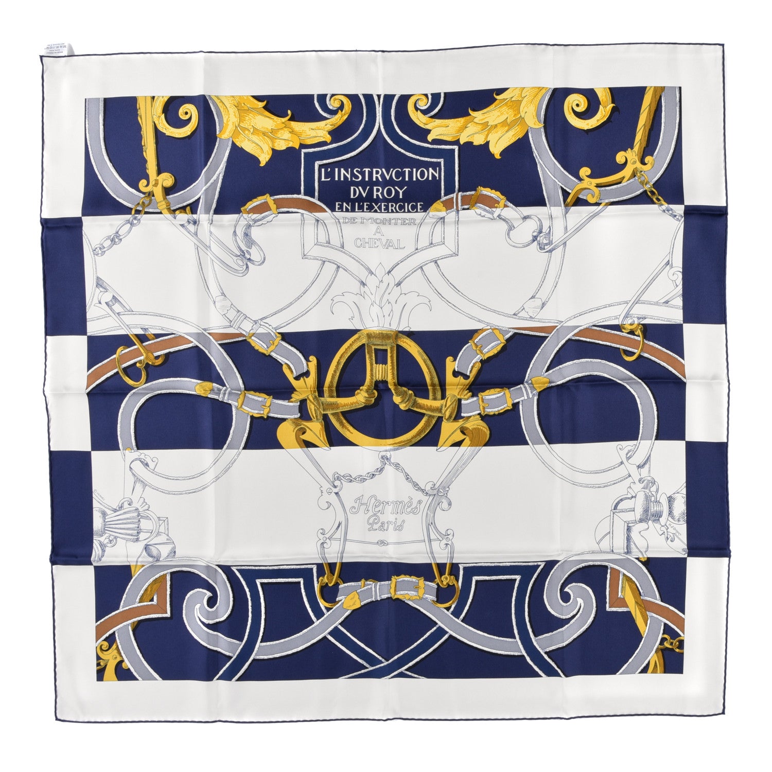 Hermes Silk L Instruction Du Roy Scarf 90 Marine White Or 1 of 5