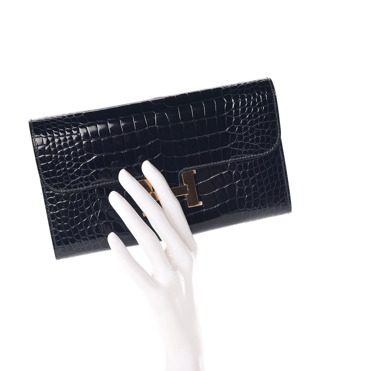 Shiny Alligator Constance Long Wallet Bleu Marine