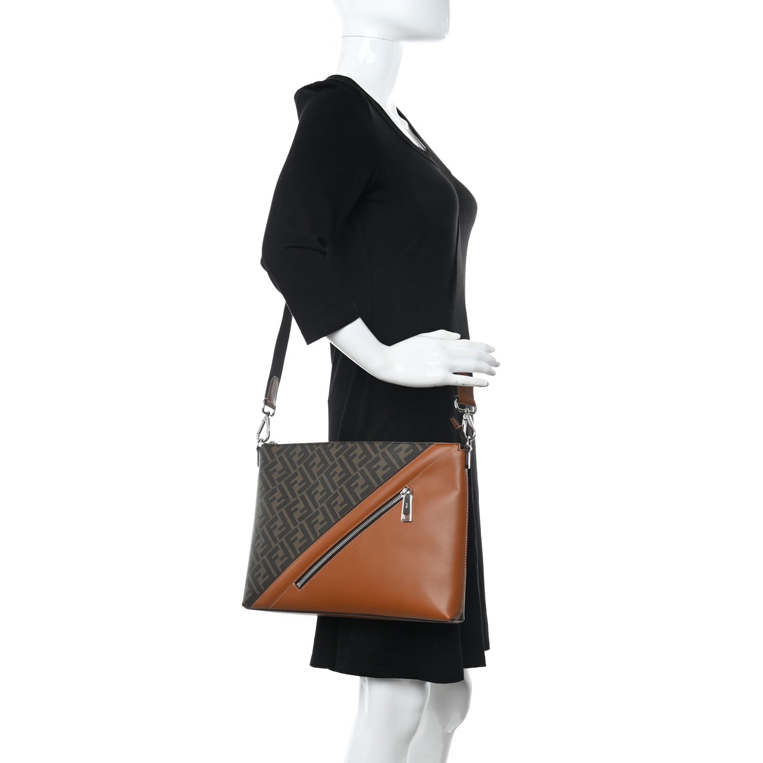 Fendi Glazed Fabric Vitello King FF 1974 Diagonal Medium East West Messenger Tobacco Moro Cuoio 2 of 10