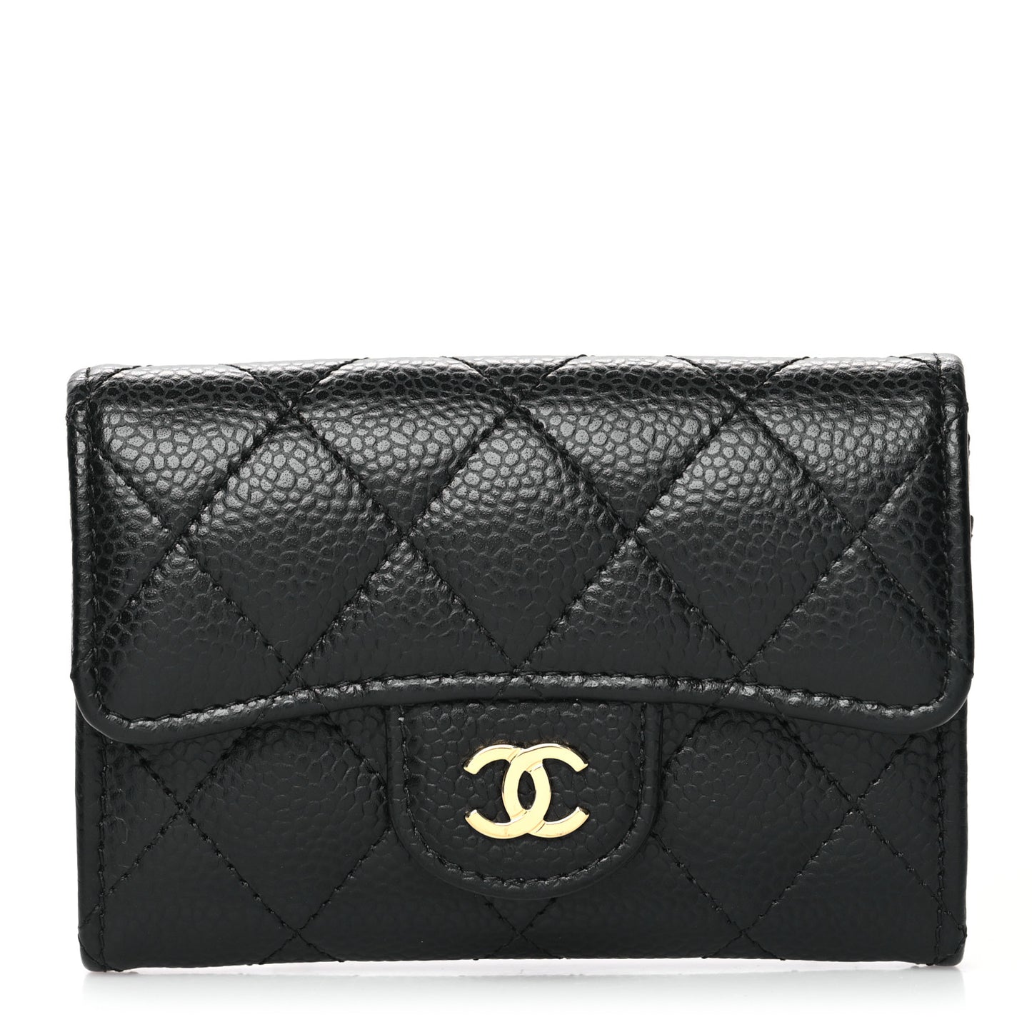 Caviar Quilted Flap Card Holder Wallet Black