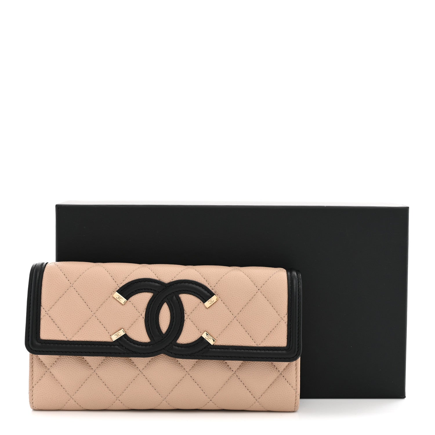 Chanel Caviar Quilted Filigree Large Gusset Flap Wallet Beige Black 9 of 9