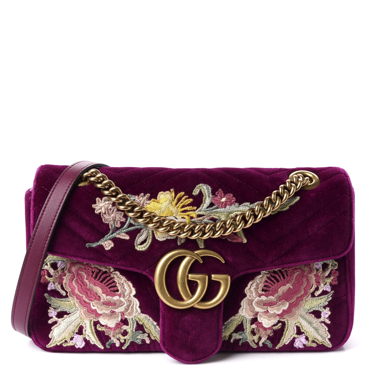 Gucci Velvet Matelasse Embroidered Small GG Marmont Shoulder Bag Fuchsia Violet Cyclamen 1 of 10